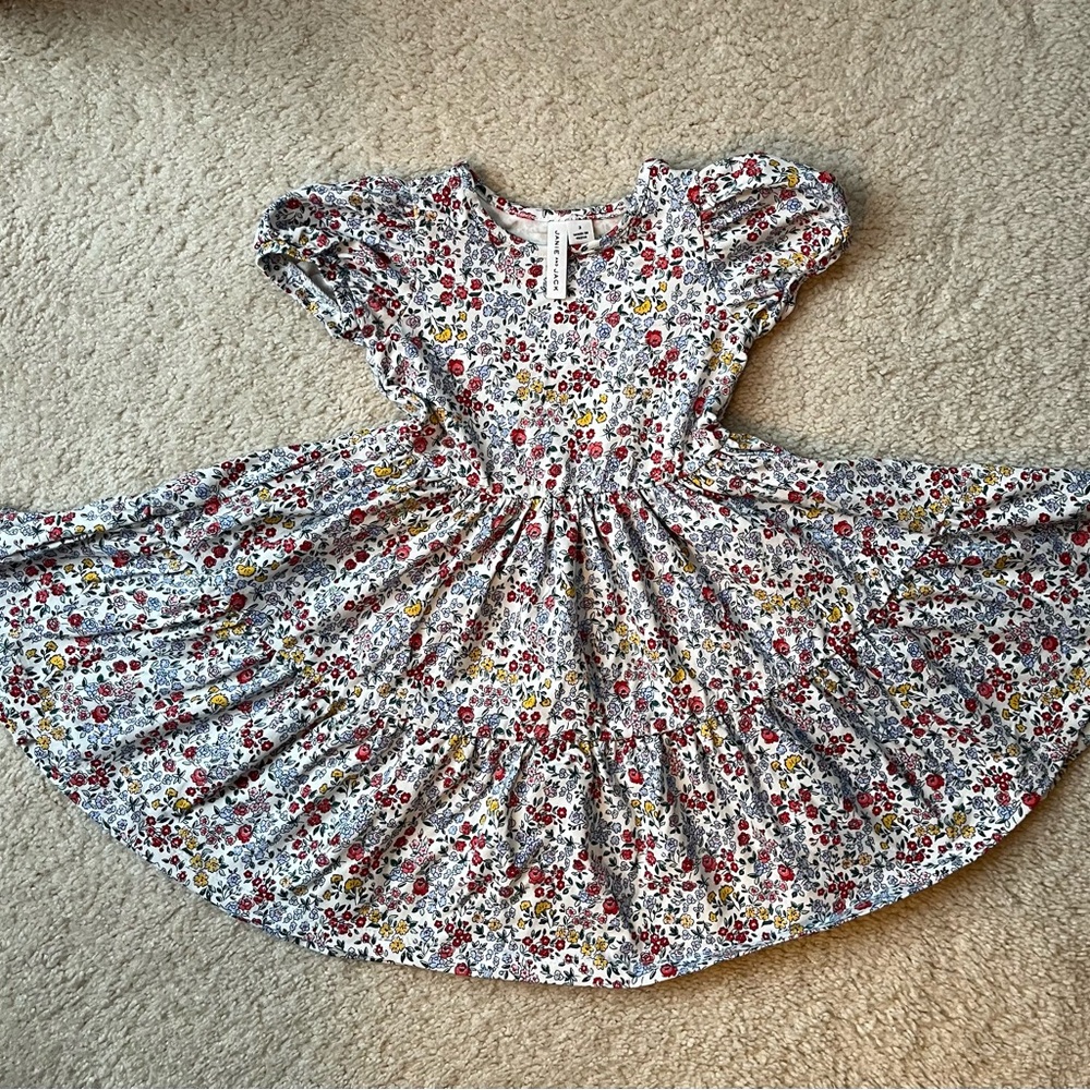 Janie and Jack Floral Puff Sleeve twirl Dress with Red, Yellow & Blue Flowers